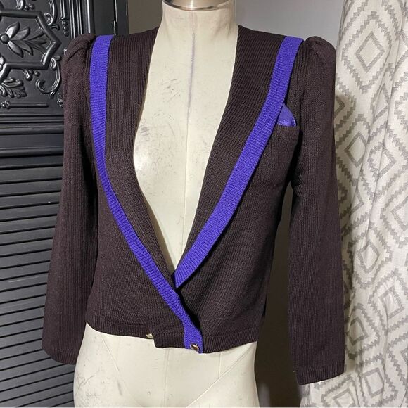 ST.‎ JOHN Vintage 70s 80s Brown Knit Jacket W/ Purple Trim Blazer 4 - Picture 1 of 8